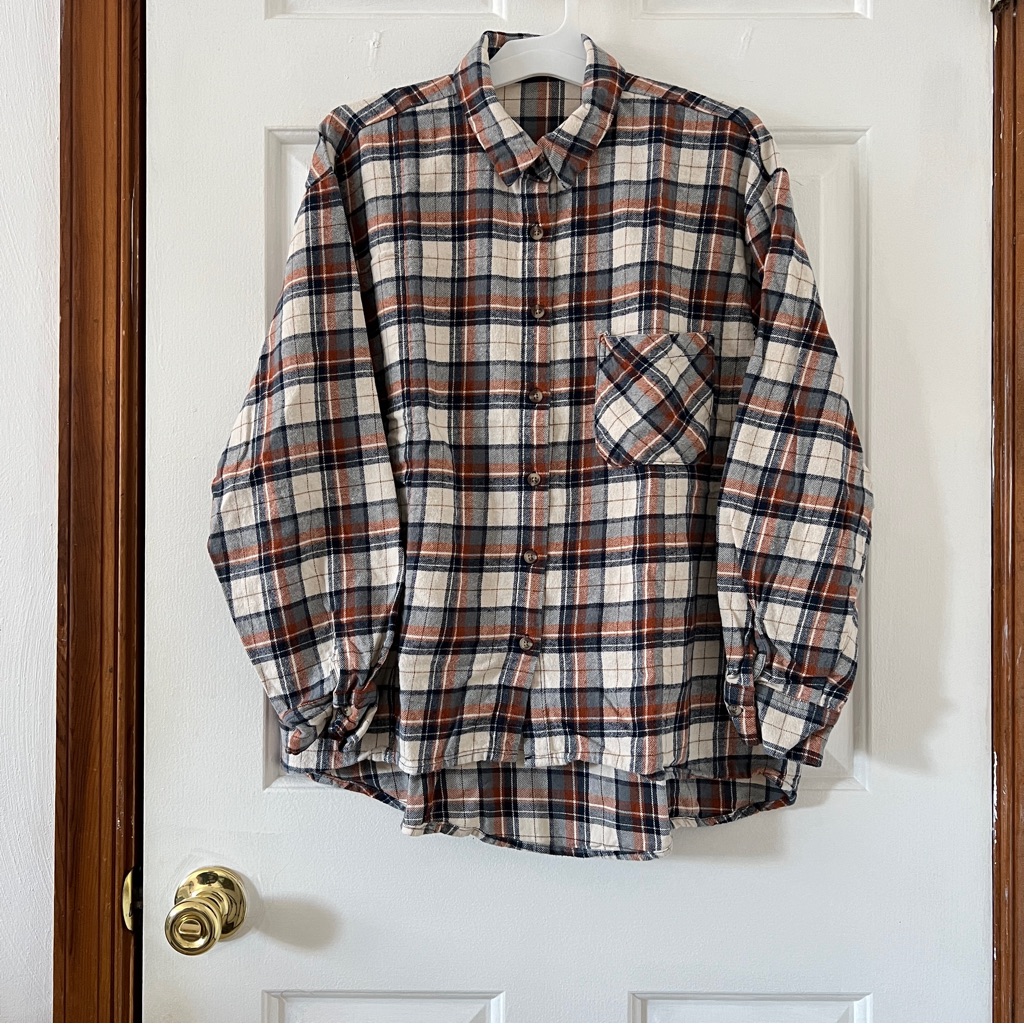 Dizzy Lizzy Plaid Flannel Longsleeve Button Up Shirt Medium Brown Cream Black